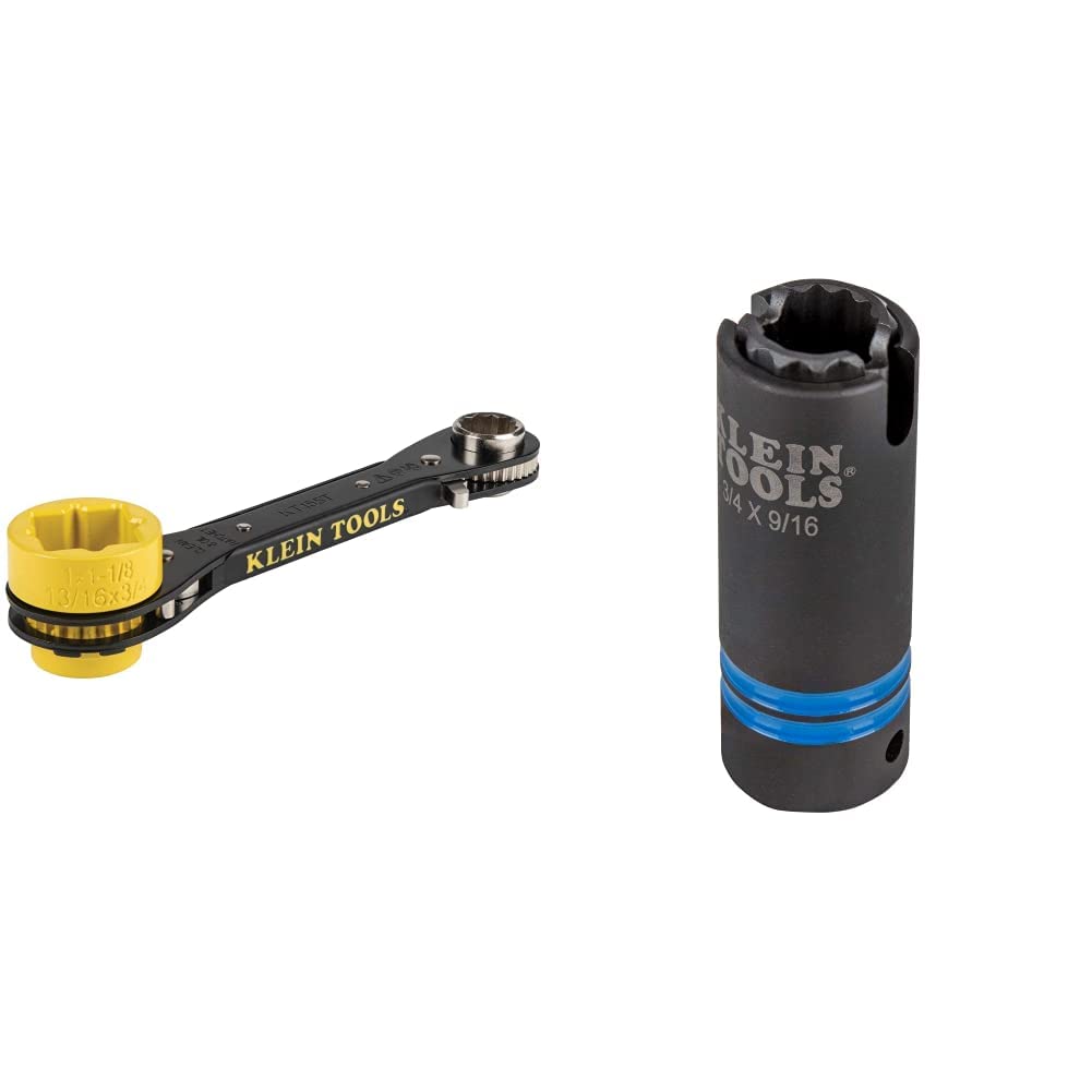 Klein Tools KT155T 6-In-1 Ratcheting Wrench with Bolt Through Design and Bright Yellow Socket + Klein Tools 66031 3-in-1 Slotted Impact Socket, 12-Point Deep Sockets, Coaxial Spring Loaded, 3/4 and 9/16-Inch Hex Sizes, 1/2-Inch Drive