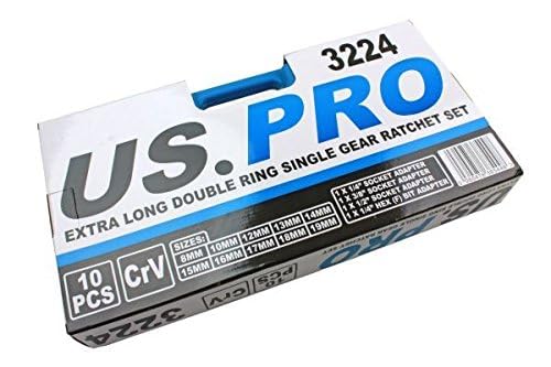 US PRO 10pc Extra Long Double Ring Single Gear Ratchet Spanner Wrench Set 8-19mm 3224