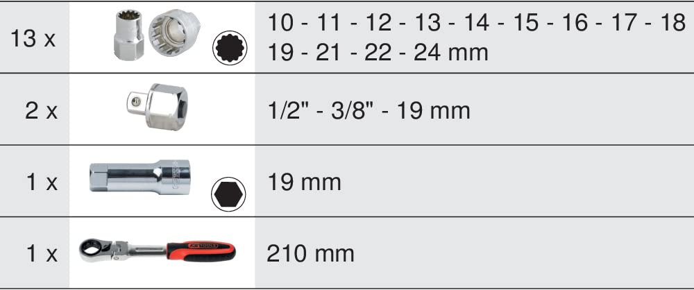 KS Tools 922.4040 Through Socket Set 3/8 Inch + 1/2 Inch 10 to 24 mm TRIPLEPLUS Range Male Drive 19 mm Satin Chrome Finish 17 Pieces