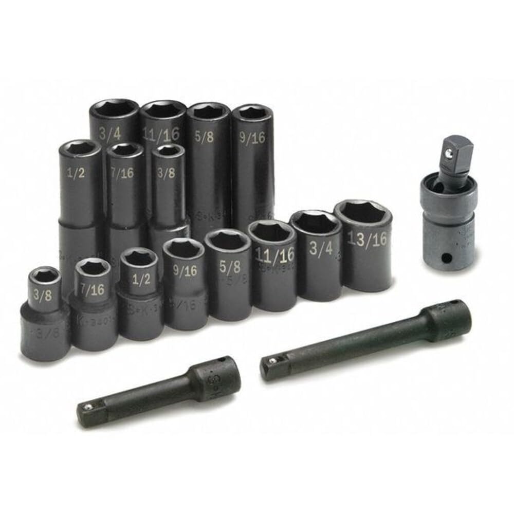 SK Tools USA 1/2" Drive, 17 Piece, 6 Point, SAE, Standard & Deep Impact Socket Set: 3/8" - 3/4" | 4050
