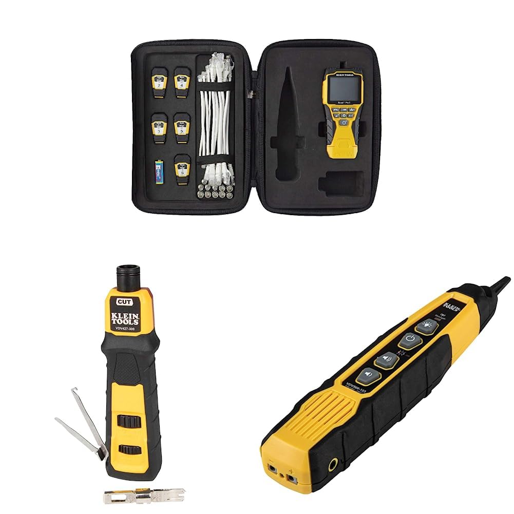 Klein Tools VDV501-851 Cable Tester Kit with Scout Pro 3 & Klein Tools VDV500-820 Cable Tracer with Probe Tone Pro Kit & Klein Tools VDV226-110 Ratcheting Modular Data Cable Crimper