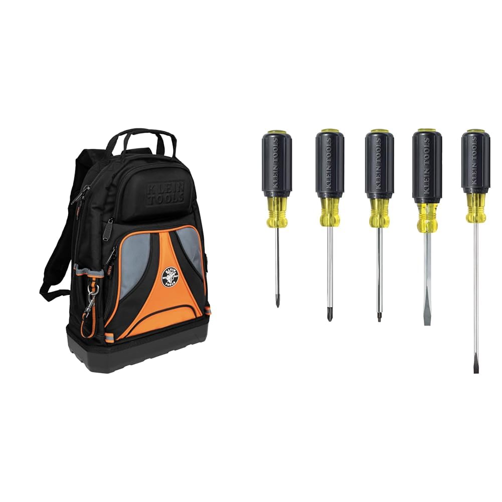 Klein Tools 55421BP-14 Tool Bag Backpack, Heavy Duty Tradesman Pro Tool Organizer & Dipped Plier Kit, Diagonal-Cutting, Needle-Nose, Side-Cutting High Leverage Linesman Pliers