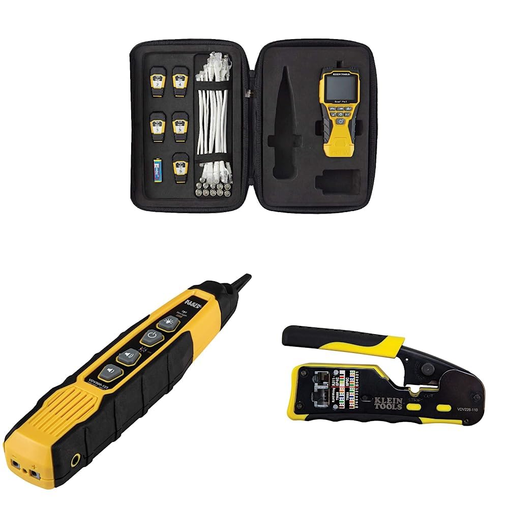 Klein Tools VDV501-851 Cable Tester Kit with Scout Pro 3 & Klein Tools VDV500-820 Cable Tracer with Probe Tone Pro Kit & Klein Tools VDV226-110 Ratcheting Modular Data Cable Crimper