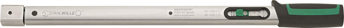 Stahlwille 730 Torque Wrench, Size 30, 60-300Nm, 14x18mm Insert, 500mm Long, with Mount for Insert Tools, 50184030