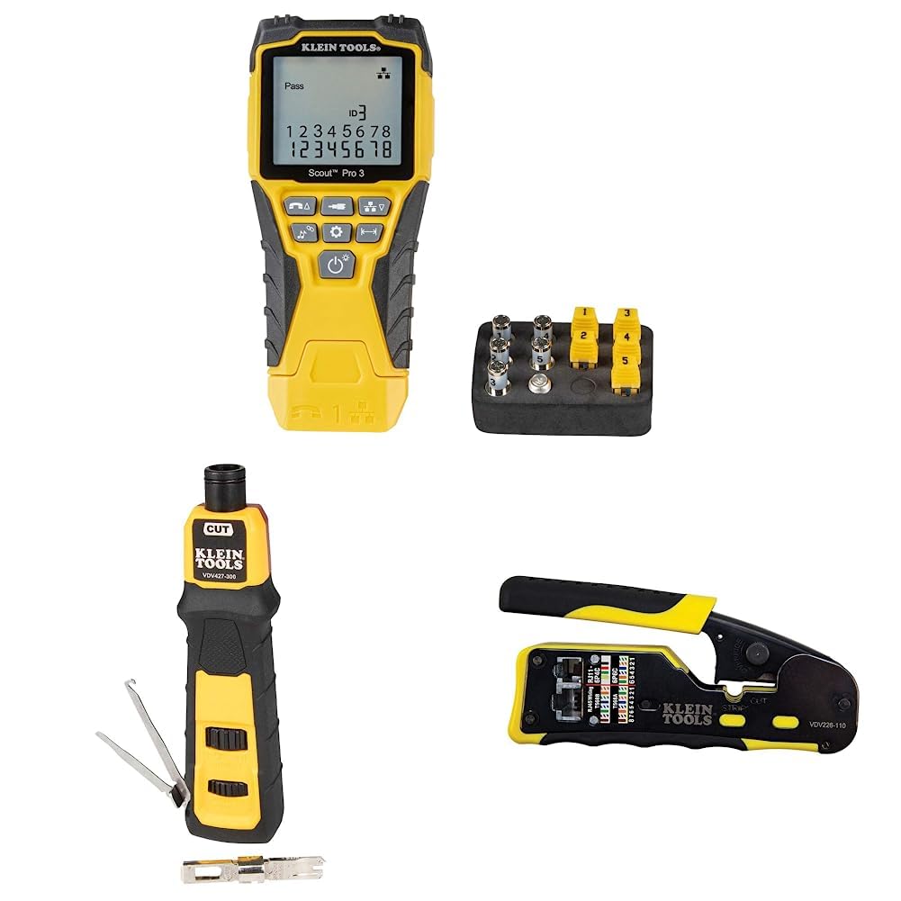 Klein Tools VDV501-851 Cable Tester Kit with Scout Pro 3 & Klein Tools VDV500-820 Cable Tracer with Probe Tone Pro Kit & Klein Tools VDV226-110 Ratcheting Modular Data Cable Crimper