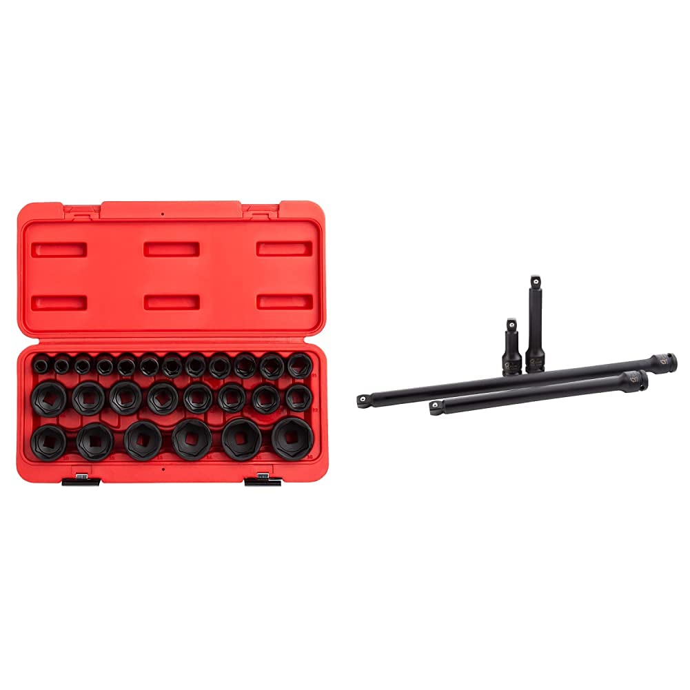 Sunex Automotive Repair Tool Bundle - 1/2 Inch Drive Impact Socket Set (26-Piece) + Impact Extension Set (4-Piece)