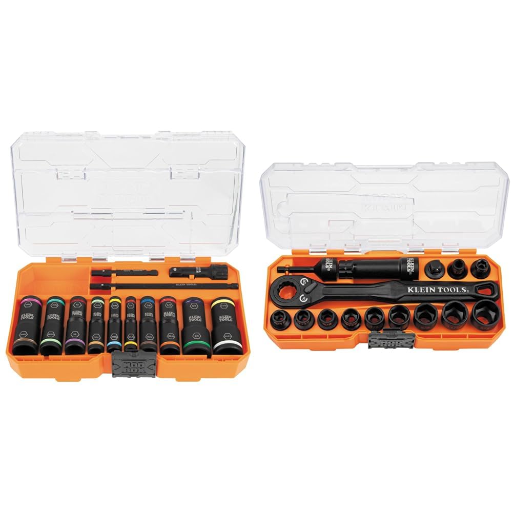 Klein Tools 65239 13-Piece Flip Socket Set and 65400 15-Piece Impact Pass Through Socket Set with Cases