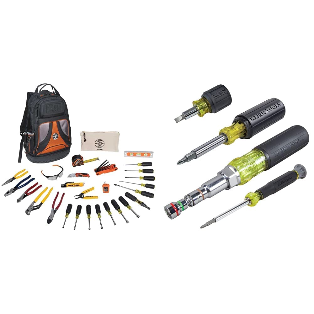 Klein Tools 80028 Hand Tools Kit includes Pliers, Screwdrivers, Nut Drivers, Backpack, and More Jobsite Tools, 28-Piece & 80019 Tool Set, Multi-Bit Screwdriver and Nut Driver Tool Kit, 4-Piece