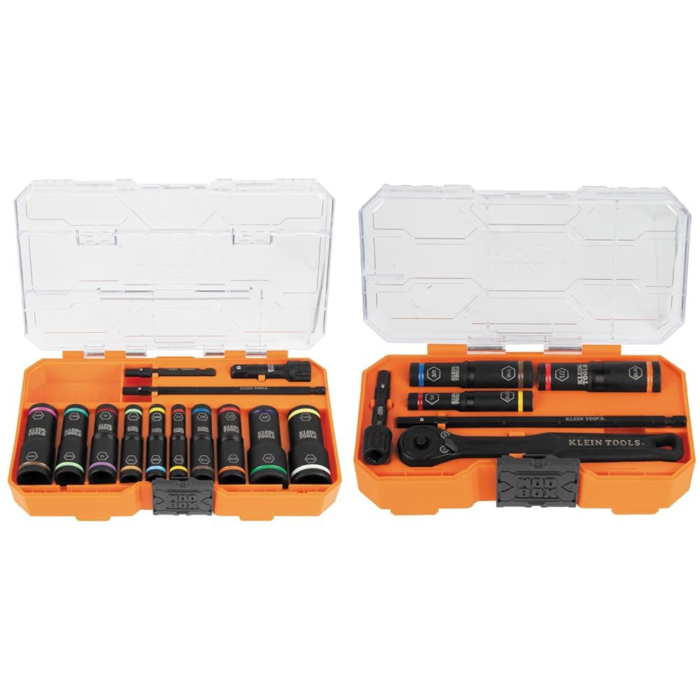 Klein Tools 65239 13-Piece Flip Socket Set and 65400 15-Piece Impact Pass Through Socket Set with Cases