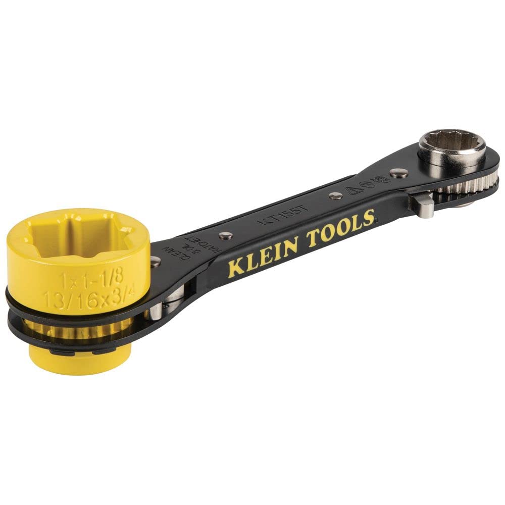 Klein Tools KT155T 6-In-1 Lineman's Ratcheting Wrench with Bolt Through Design and Bright Yellow Socket and Klein Tools 832-26 Lineman's Claw Milled Hammer, 26-Ounce, Fiberglass Handle, Heavy Duty for Utility Poles, Milled Face, High Visibility Orange