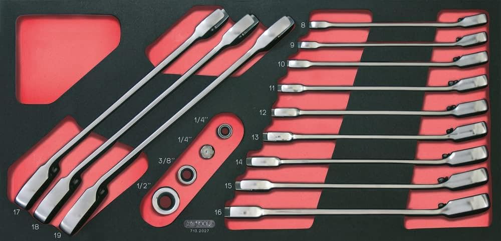 KS TOOLS - 713.2027 – Module of 12 Reversible Ratchet Combination Spanners 1/4-3/8-1/2 Adapters, 16 Pieces – 8-19 mm – Foam for Drawers and Workbench – Professional Quality Tools