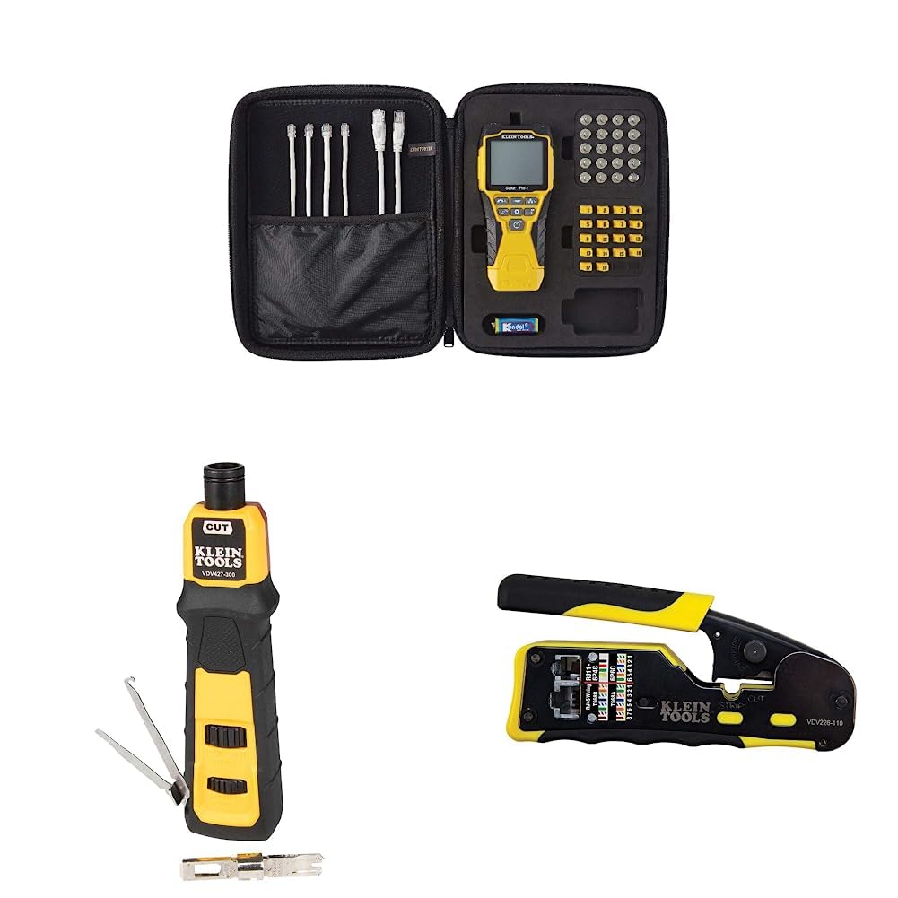 Klein Tools VDV501-851 Cable Tester Kit with Scout Pro 3 & Klein Tools VDV500-820 Cable Tracer with Probe Tone Pro Kit & Klein Tools VDV226-110 Ratcheting Modular Data Cable Crimper