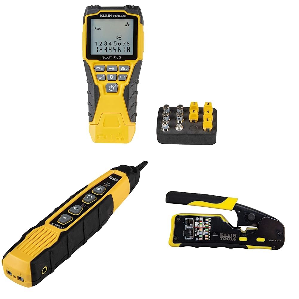 Klein Tools VDV501-851 Cable Tester Kit with Scout Pro 3 & Klein Tools VDV500-820 Cable Tracer with Probe Tone Pro Kit & Klein Tools VDV226-110 Ratcheting Modular Data Cable Crimper