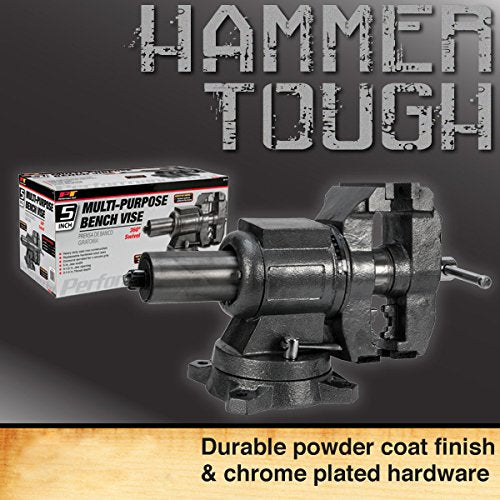 Performance Tool MV10 Hammer Tough 5-Inch Heavy-Duty Multi-Jaw Rotating Combination Pipe and Bench Vise with 360-Degree Swivel Base and Head