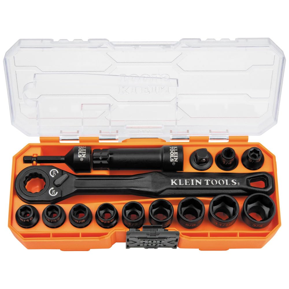 Klein Tools 65239 13-Piece Flip Socket Set and 65400 15-Piece Impact Pass Through Socket Set with Cases
