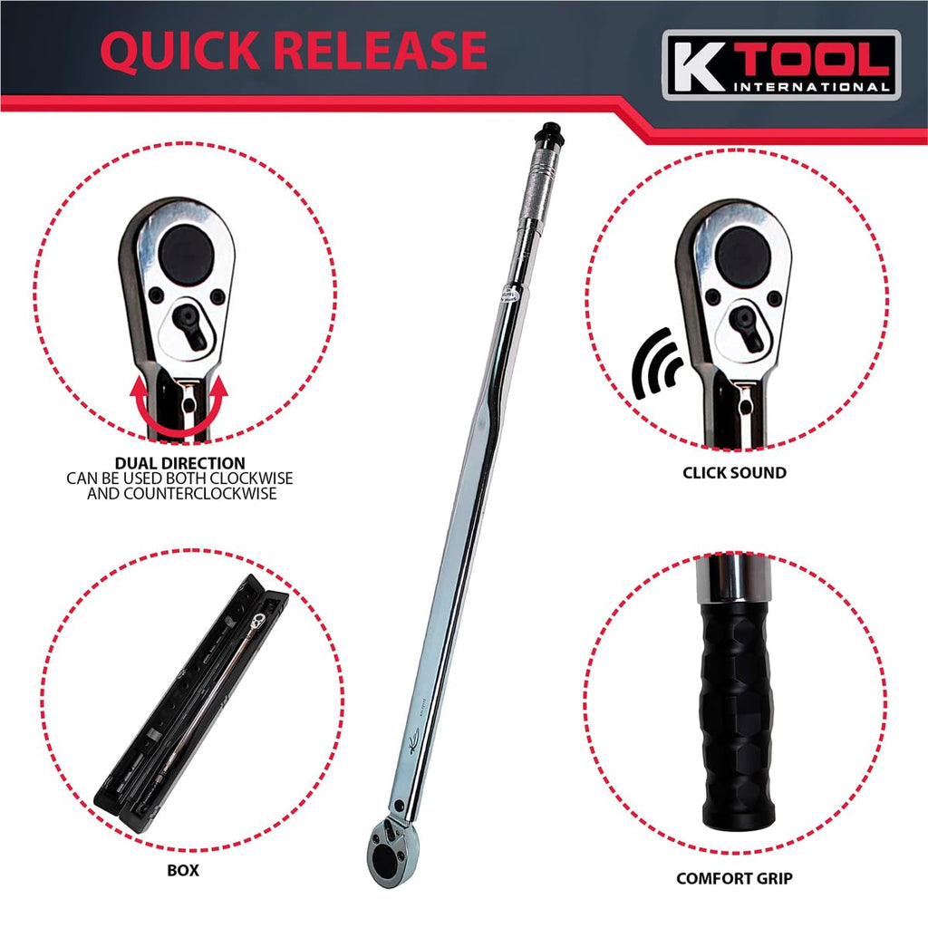 K Tool International 72176A 3/4" Drive Adjustable Torque Wrench, 41" Long, 100-600 ft/lbs, Ergonomic Comfort-grip, Laser Marked Scales