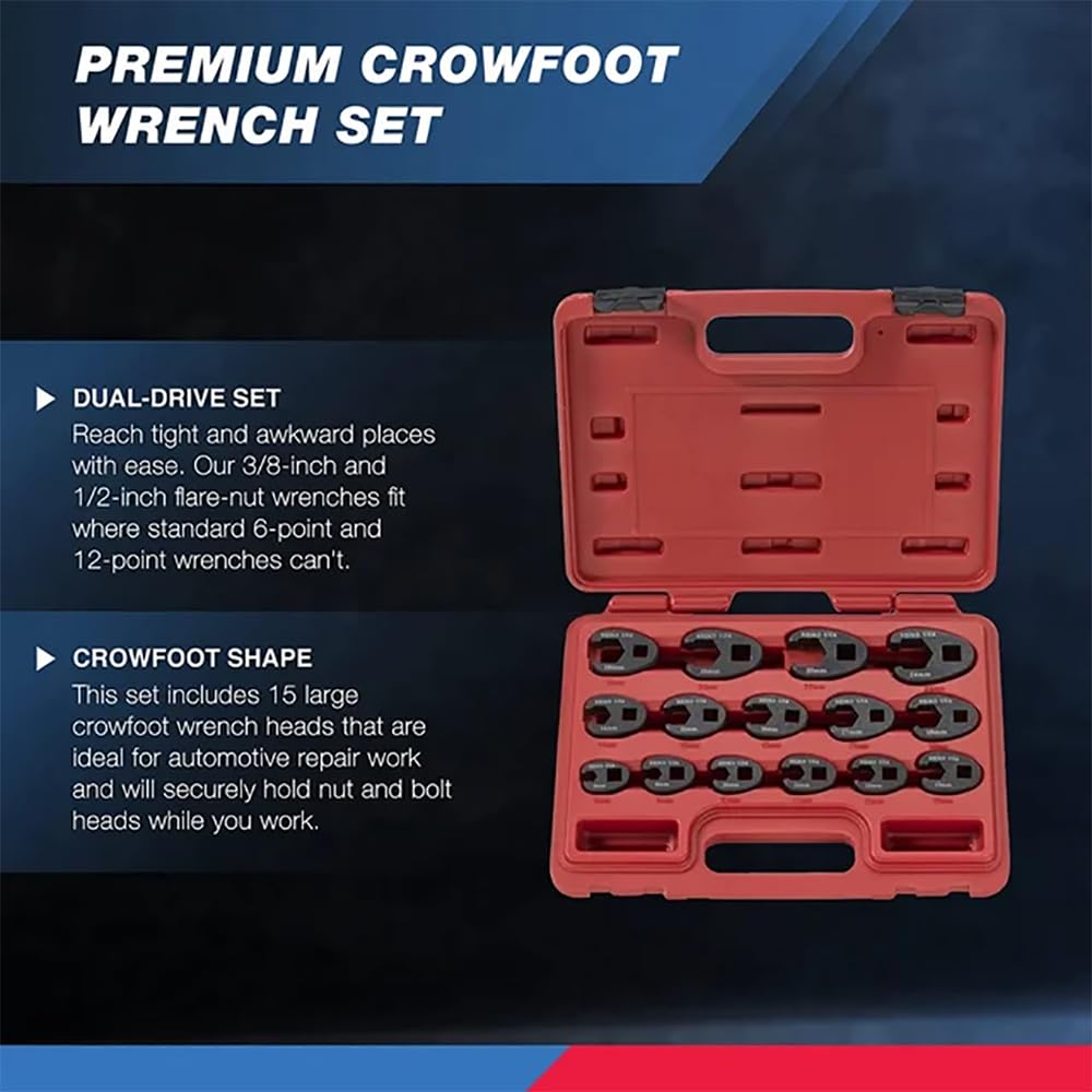 NEIKO 03324A Crowfoot_Wrench Set, 15 Piece, Metric Crows Foot Wrench Sizes 8mm-24mm, Chrome-Moly Flare Nut Wrench Set, 3/8" & 1/2" Drive (Pack of 12)