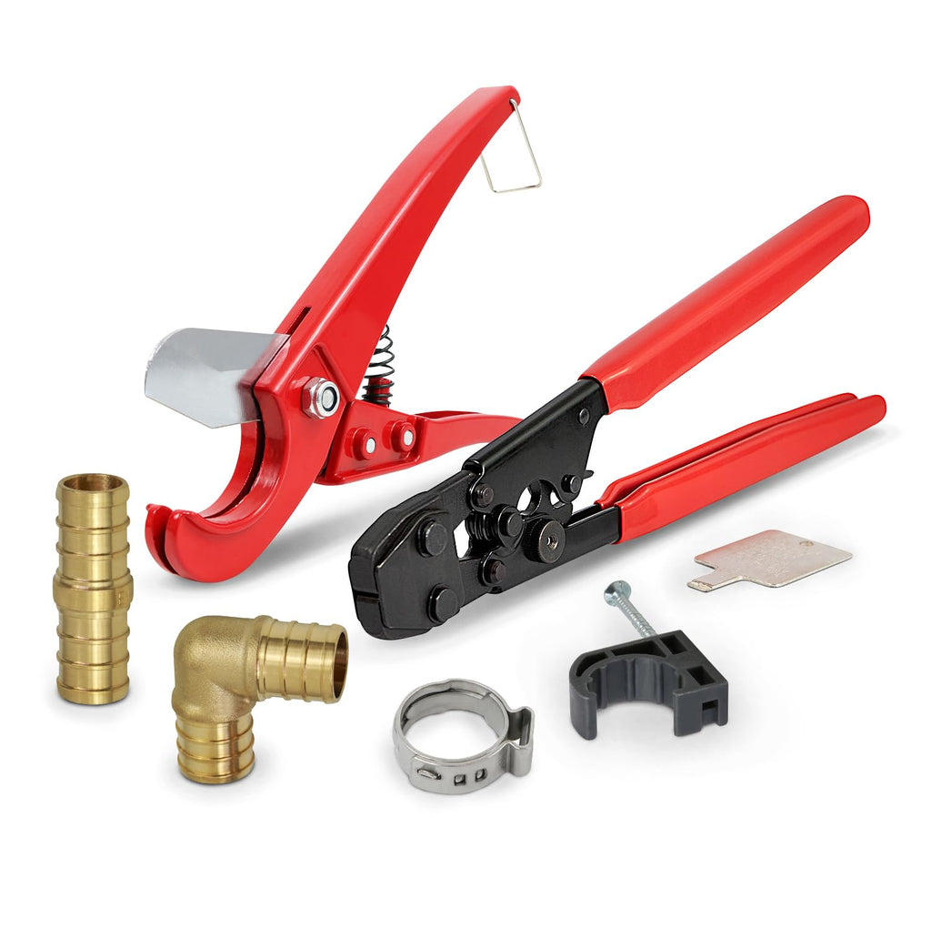 Pexflow Starter Kit for 1/2-In Pex with Crimper & Cutter Tools - Set includes Brass Elbow & Coupling Fittings, Cinch Clamps, Half Clamps, and 2 Rolls of 1/2-In X 100ft PEX Tubing