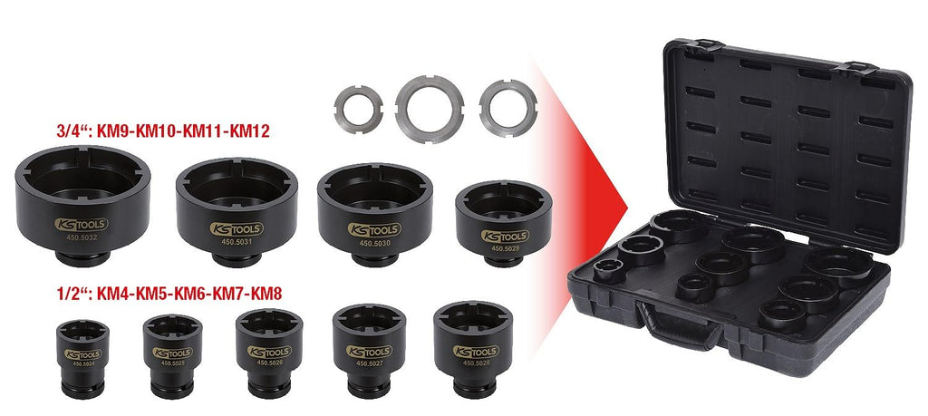 KS TOOLS Socket set for KM groove nuts, studs internal, 9 pcs