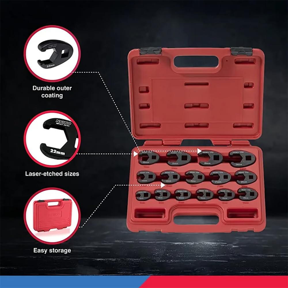 NEIKO 03324A Crowfoot_Wrench Set, 15 Piece, Metric Crows Foot Wrench Sizes 8mm-24mm, Chrome-Moly Flare Nut Wrench Set, 3/8" & 1/2" Drive (Pack of 12)