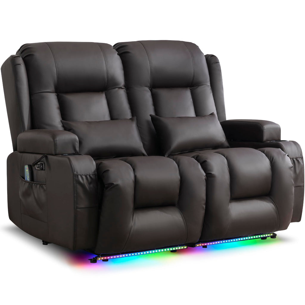 URRED Power Loveseat Recliner Sofa with Massage and Heat，Dark Brown