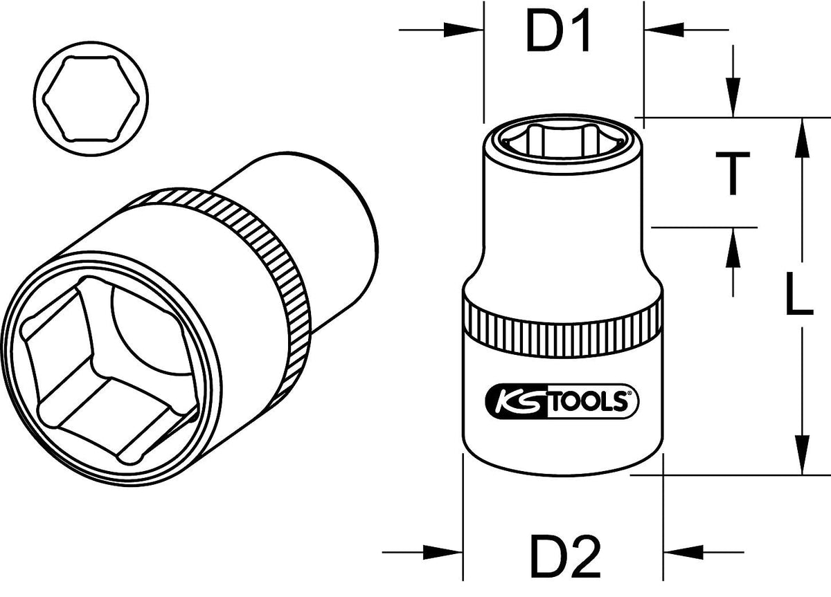 KS Tools 911.1826 1" Hexagonal socket, short, 90mm