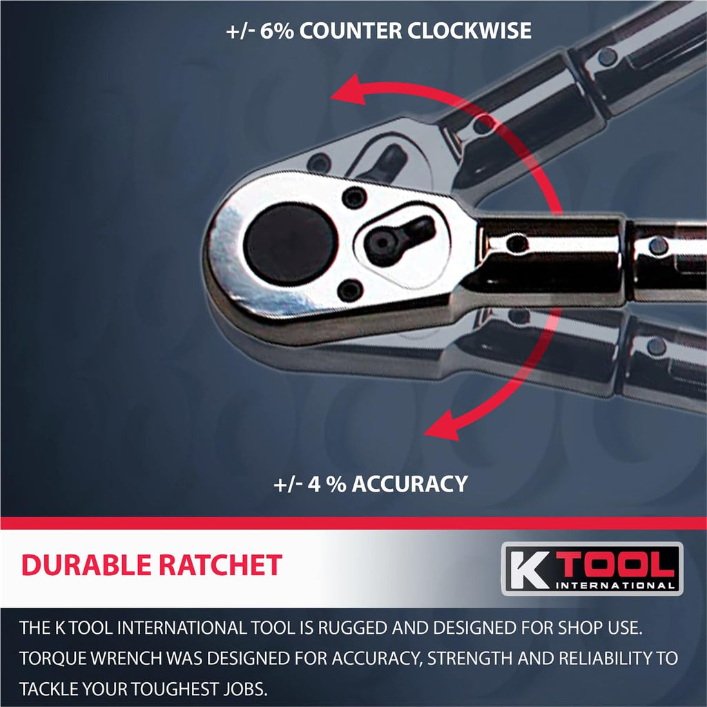 K Tool International 72176A 3/4" Drive Adjustable Torque Wrench, 41" Long, 100-600 ft/lbs, Ergonomic Comfort-grip, Laser Marked Scales