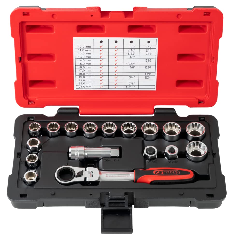 KS Tools 922.4040 Through Socket Set 3/8 Inch + 1/2 Inch 10 to 24 mm TRIPLEPLUS Range Male Drive 19 mm Satin Chrome Finish 17 Pieces