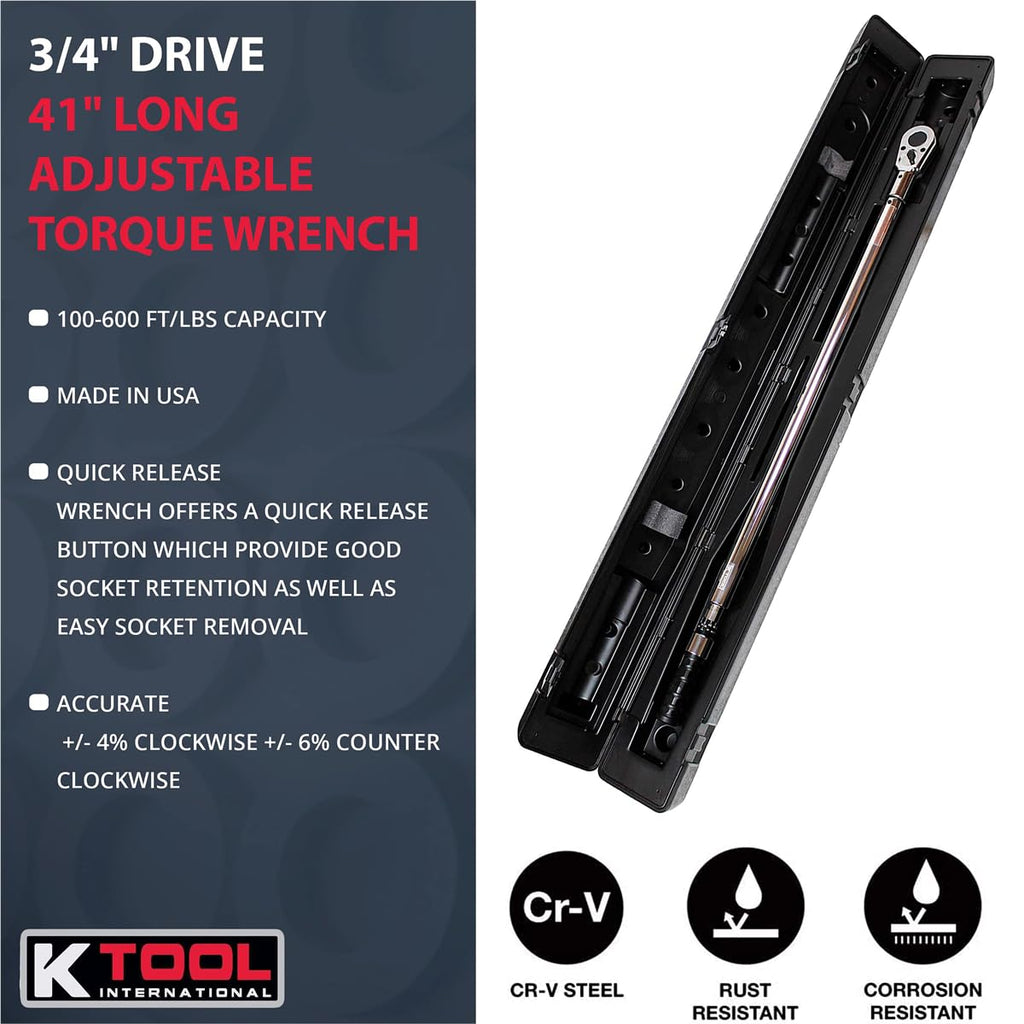 K Tool International 72176A 3/4" Drive Adjustable Torque Wrench, 41" Long, 100-600 ft/lbs, Ergonomic Comfort-grip, Laser Marked Scales