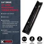 K Tool International 72176A 3/4" Drive Adjustable Torque Wrench, 41" Long, 100-600 ft/lbs, Ergonomic Comfort-grip, Laser Marked Scales