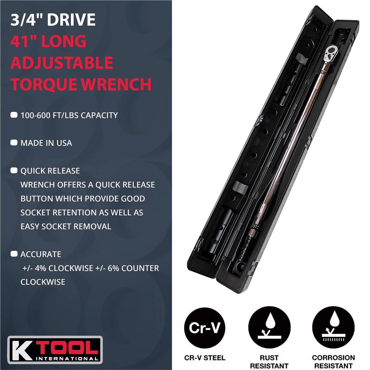 K Tool International 72176A 3/4" Drive Adjustable Torque Wrench, 41" Long, 100-600 ft/lbs, Ergonomic Comfort-grip, Laser Marked Scales