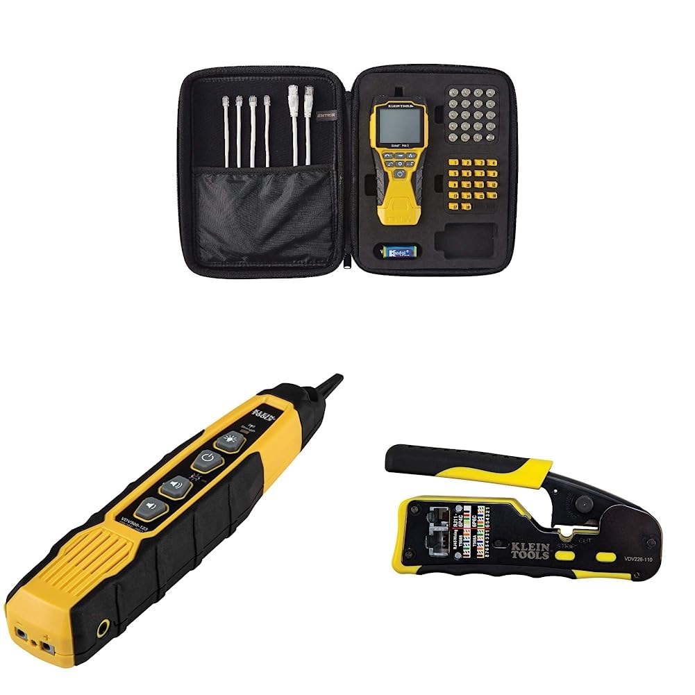 Klein Tools VDV501-851 Cable Tester Kit with Scout Pro 3 & Klein Tools VDV500-820 Cable Tracer with Probe Tone Pro Kit & Klein Tools VDV226-110 Ratcheting Modular Data Cable Crimper
