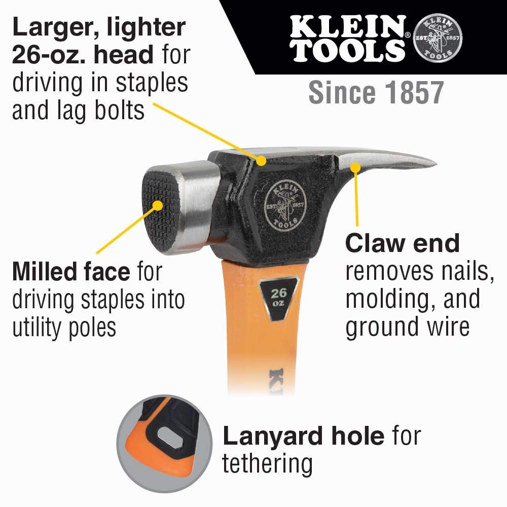 Klein Tools KT155T 6-In-1 Lineman's Ratcheting Wrench with Bolt Through Design and Bright Yellow Socket and Klein Tools 832-26 Lineman's Claw Milled Hammer, 26-Ounce, Fiberglass Handle, Heavy Duty for Utility Poles, Milled Face, High Visibility Orange