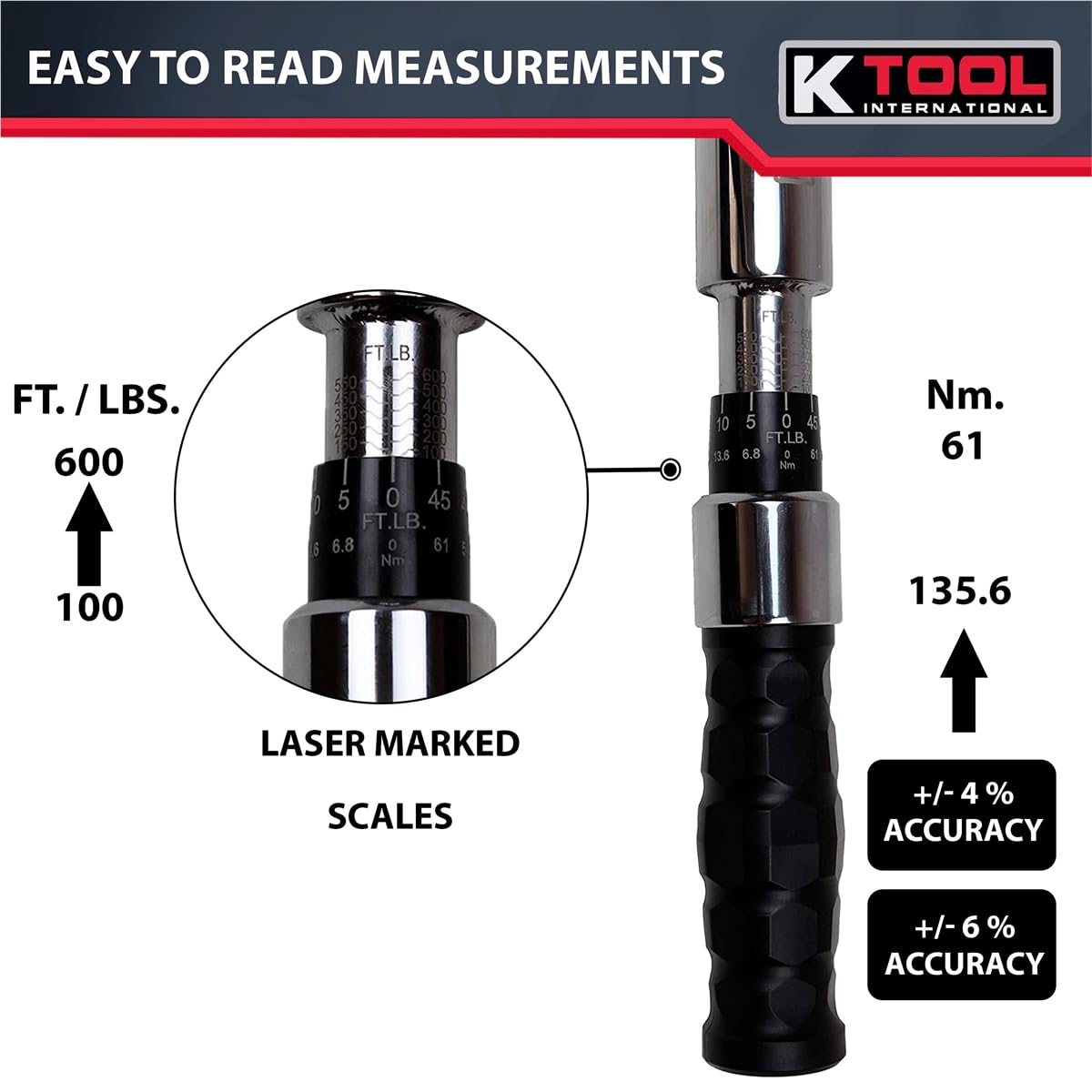 K Tool International 72176A 3/4" Drive Adjustable Torque Wrench, 41" Long, 100-600 ft/lbs, Ergonomic Comfort-grip, Laser Marked Scales