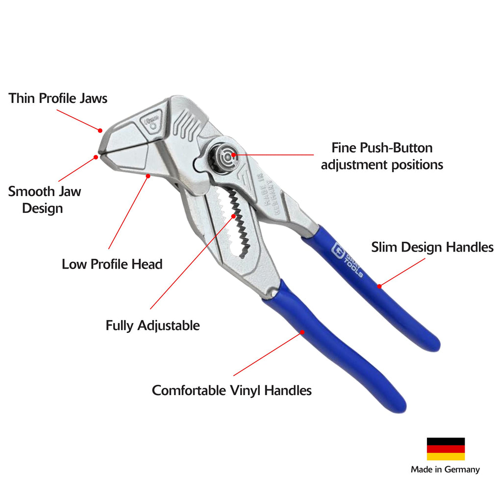 Pliers Wrench, Smooth Jaws, SAE and Metric Scales, Thin Profile, Made in Germany