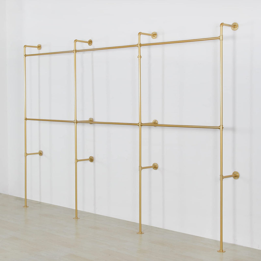 Wall Mounted Industrial Pipe Clothing Garment Racks, Metal Clothing Store Display Stands Clothes Rack Multi-purpose Heavy Duty Hanging Rod for Closet Storage, 134in Gold