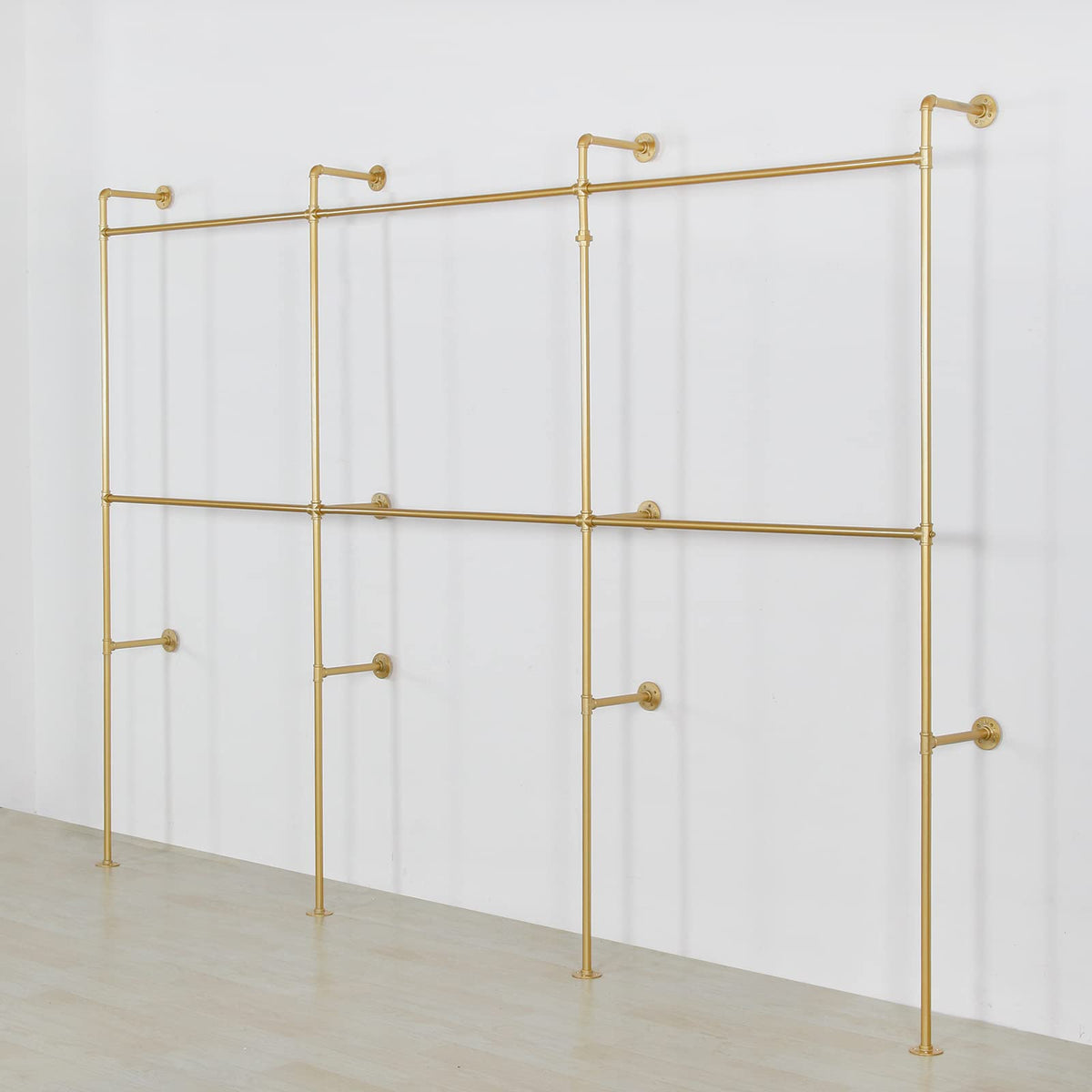 Wall Mounted Industrial Pipe Clothing Garment Racks, Metal Clothing Store Display Stands Clothes Rack Multi-purpose Heavy Duty Hanging Rod for Closet Storage, 134in Gold