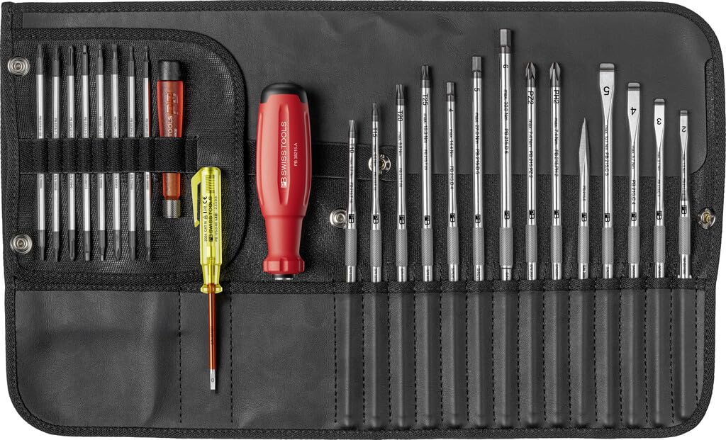 PB Swiss Tools 31-in-1 SwissGrip Evo Screwdriver Set PB 38515.LED CBB | 100% Swiss Made | 22 Interchangeable Blades Torx/Slotted/Hex/Phillips/Pozidriv/Awl, LED Voltage Tester