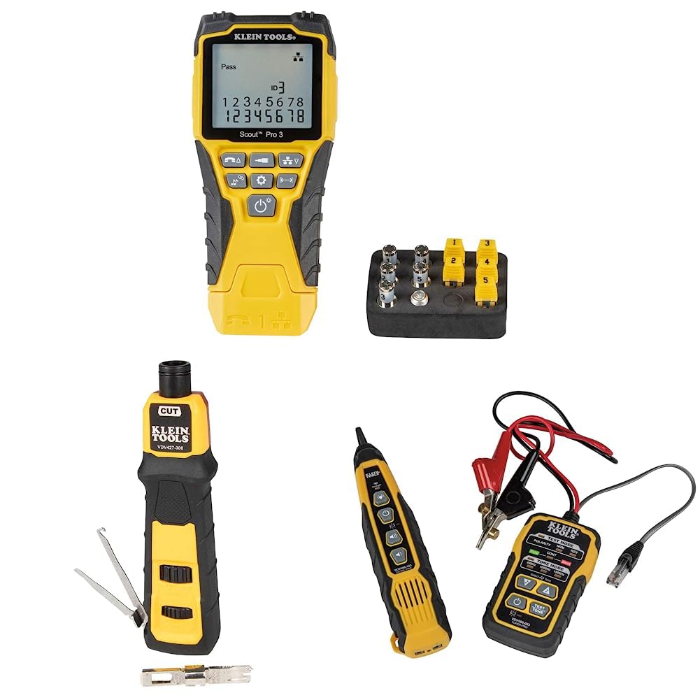 Klein Tools VDV501-851 Cable Tester Kit with Scout Pro 3 & Klein Tools VDV500-820 Cable Tracer with Probe Tone Pro Kit & Klein Tools VDV226-110 Ratcheting Modular Data Cable Crimper