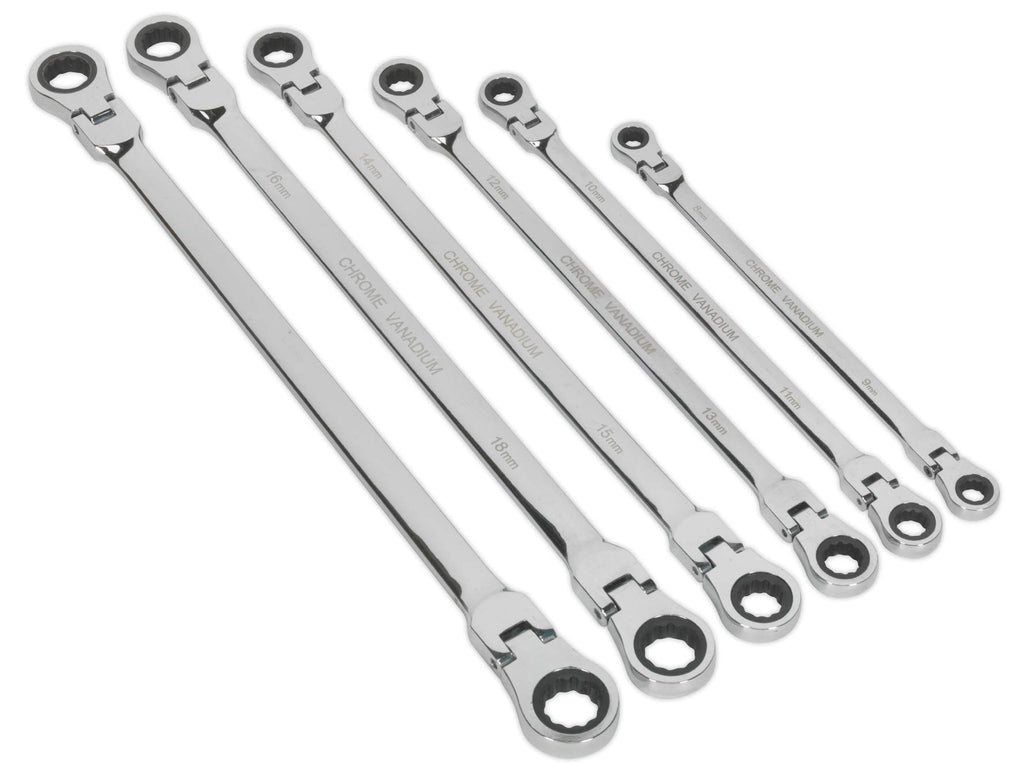 Sealey AK63832 Long Metric Flexi-Head Double End Ratchet Ring Spanner Set, 6 Pieces