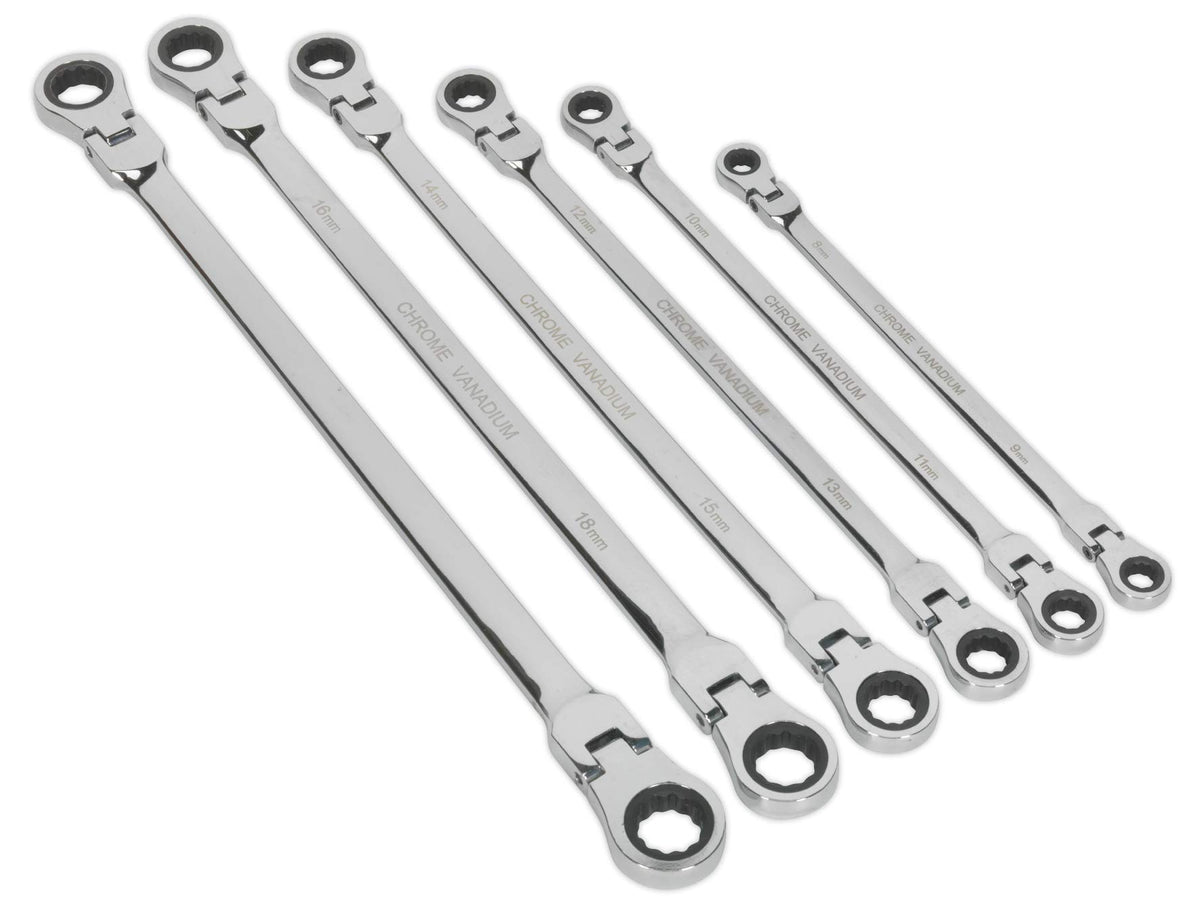 Sealey AK63832 Long Metric Flexi-Head Double End Ratchet Ring Spanner Set, 6 Pieces