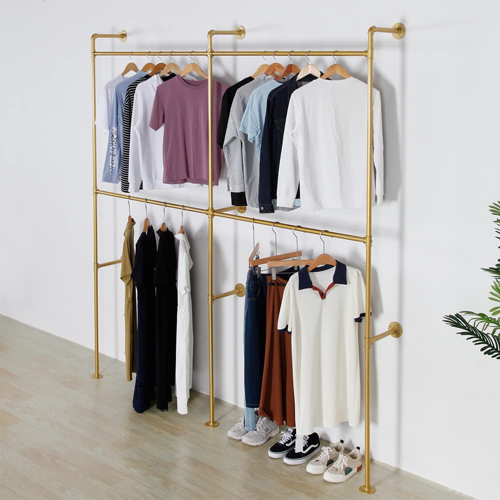 Wall Mounted Industrial Pipe Clothing Garment Racks, Metal Clothing Store Display Stands Clothes Rack Multi-purpose Heavy Duty Hanging Rod for Closet Storage, 134in Gold