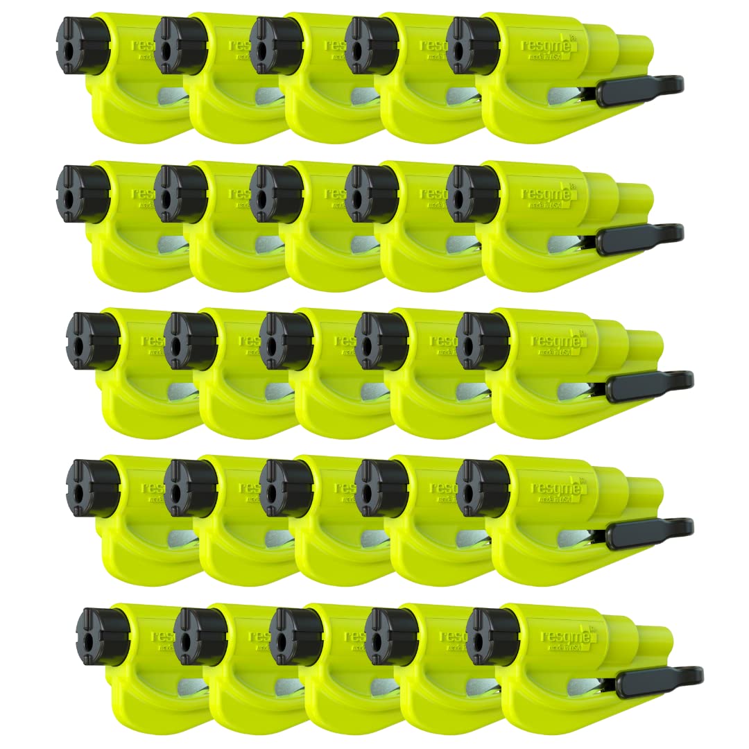 resqme Pack of 25 The Original Emergency Keychain Car Escape Tool, 2-in-1 Seatbelt Cutter and Window Breaker, Made in USA, Yellow - Compact Emergency Hammer