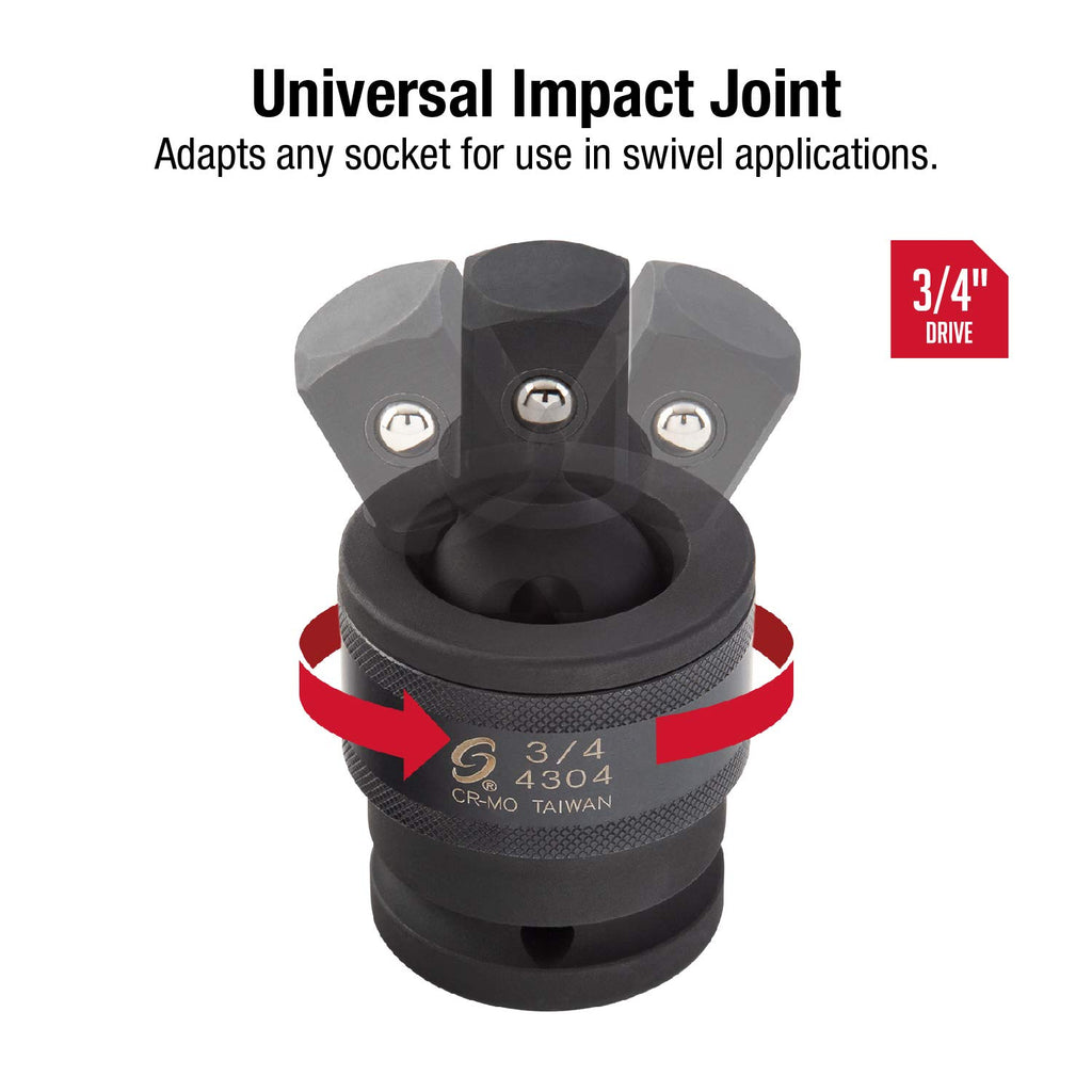 Sunex 4683, 3/4 Inch Drive Heavy Duty Impact Socket Set, 17-Piece, SAE, 1"-2" & Sunex 4304, 3/4 Inch Drive, Universal Impact Joint, Cr-Mo Steel, Radius Corner Design, Flexible, Meets ANSI Standards
