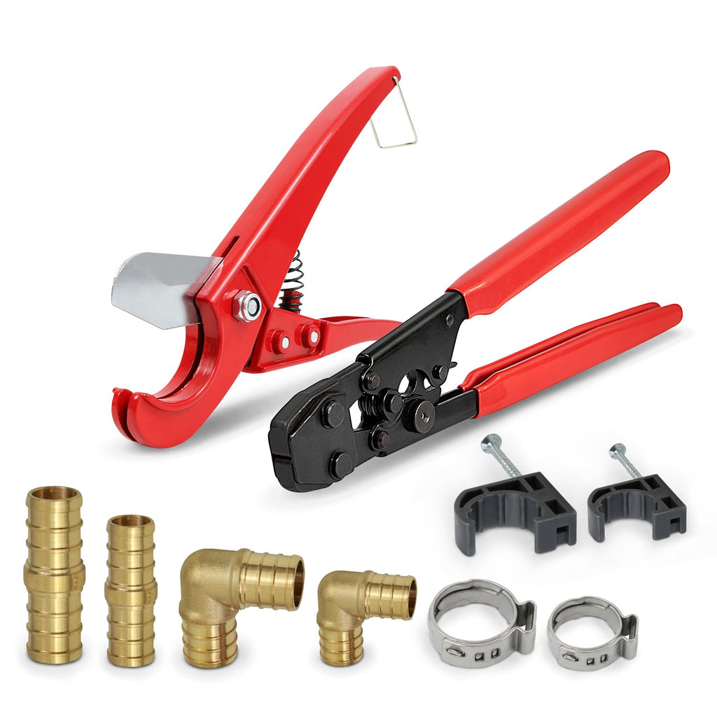 Pexflow Starter Kit for 1/2-In Pex with Crimper & Cutter Tools - Set includes Brass Elbow & Coupling Fittings, Cinch Clamps, Half Clamps, and 2 Rolls of 1/2-In X 100ft PEX Tubing