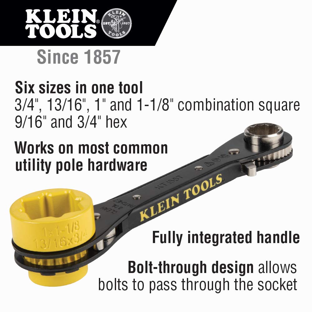 Klein Tools KT155T 6-In-1 Ratcheting Wrench with Bolt Through Design and Bright Yellow Socket + Klein Tools 66031 3-in-1 Slotted Impact Socket, 12-Point Deep Sockets, Coaxial Spring Loaded, 3/4 and 9/16-Inch Hex Sizes, 1/2-Inch Drive