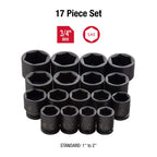 SUNEX TOOLS 4683, 3/4 Inch Drive Heavy Duty Impact Socket Set, 17-Piece, SAE, 1"-2" & 4302 3/4" Drive Impact Socket Extension 6"