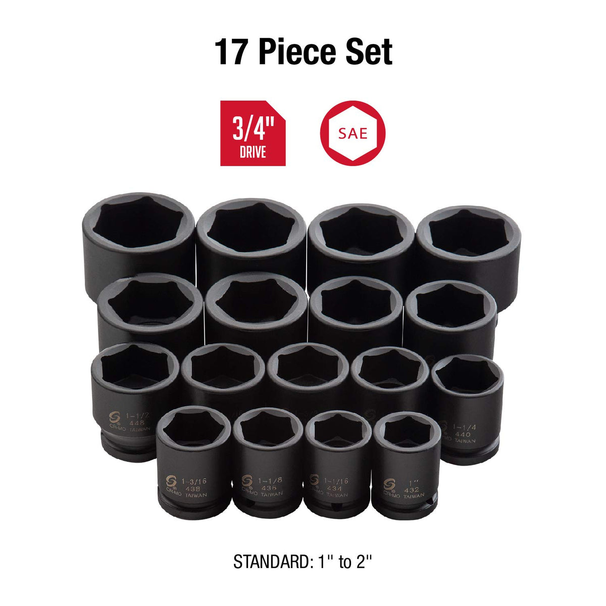 SUNEX TOOLS 4683, 3/4 Inch Drive Heavy Duty Impact Socket Set, 17-Piece, SAE, 1"-2" & 4302 3/4" Drive Impact Socket Extension 6"