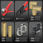 Pexflow Starter Kit for 1/2-In Pex with Crimper & Cutter Tools - Set includes Brass Elbow & Coupling Fittings, Cinch Clamps, Half Clamps, and 2 Rolls of 1/2-In X 100ft PEX Tubing