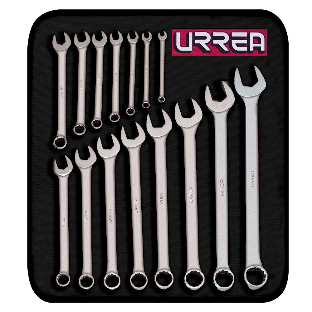 Urrea 12 Pt. Combination Wrench Set - 14Piece (5/16" - 1-1/4") Professional Grade Tool Kit with Canvas Tool-Roll & Satin Finish - 1200FA